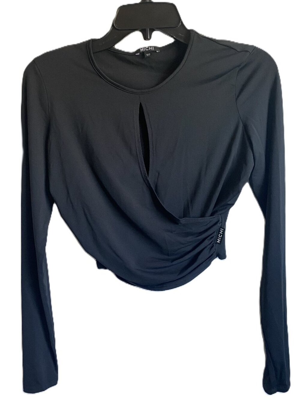 Michi Black Silky Keyhole Long Sleeve Athleisure Drape Crop Top Sz S